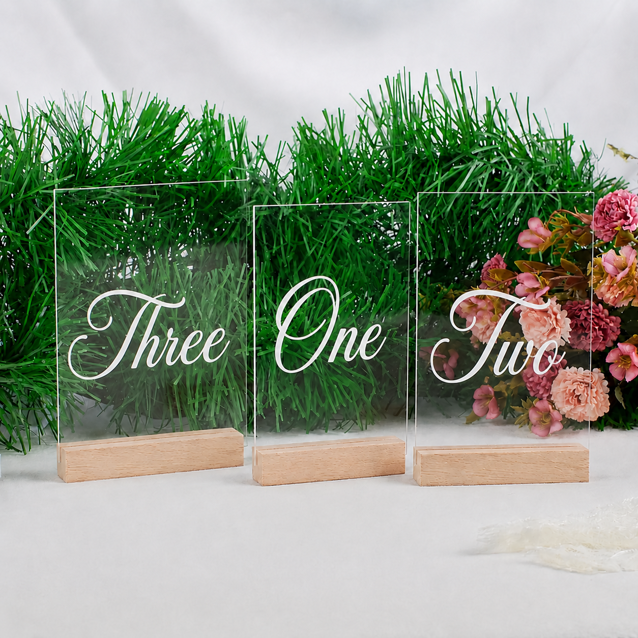 Engraved Clear Acrylic Table Number with Wooden Base
